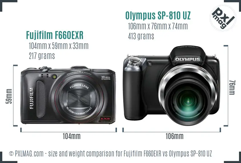 Fujifilm F660EXR vs Olympus SP-810 UZ size comparison Fujifilm F660EXR vs Olympus SP-810 UZ size comparison