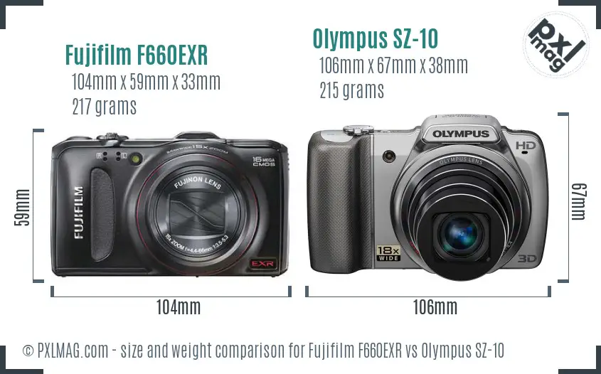 Fujifilm F660EXR vs Olympus SZ-10 size comparison Fujifilm F660EXR vs Olympus SZ-10 size comparison