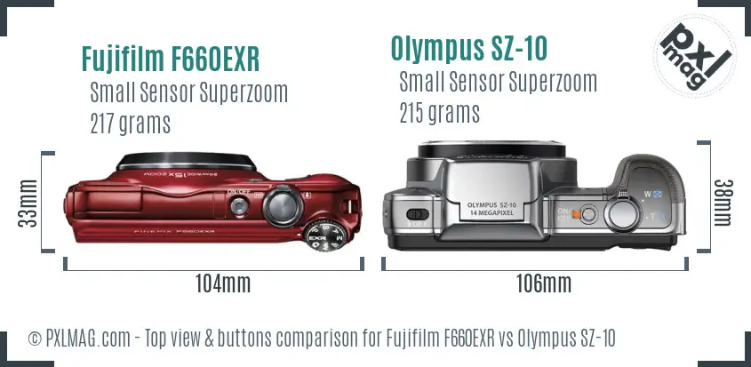 Fujifilm F660EXR vs Olympus SZ-10 top view buttons comparison Fujifilm F660EXR vs Olympus SZ-10 top view buttons comparison