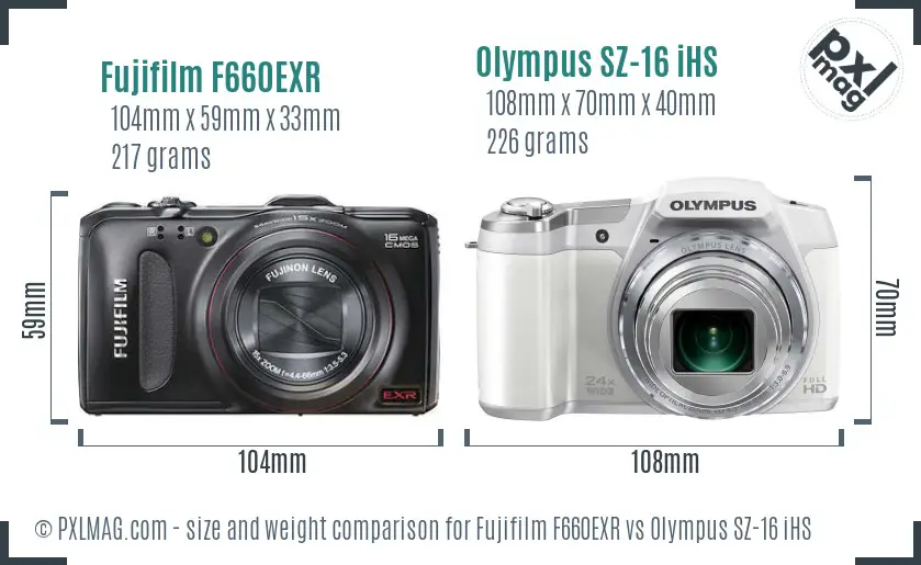 Fujifilm F660EXR vs Olympus SZ-16 iHS size comparison