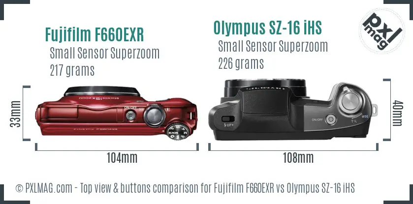 Fujifilm F660EXR vs Olympus SZ-16 iHS top view buttons comparison