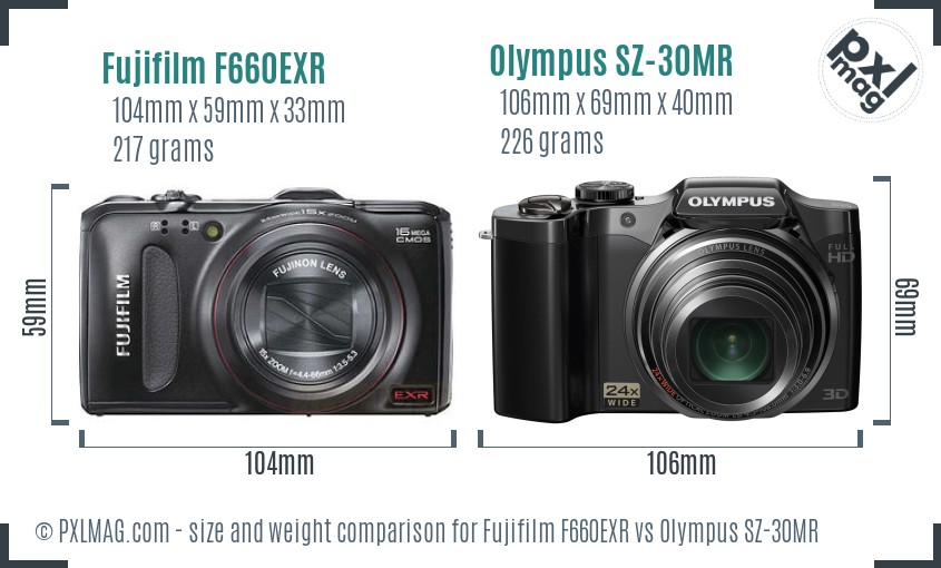 Fujifilm F660EXR vs Olympus SZ-30MR size comparison