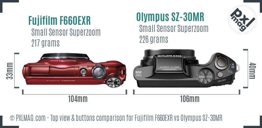 Fujifilm F660EXR vs Olympus SZ-30MR top view buttons comparison