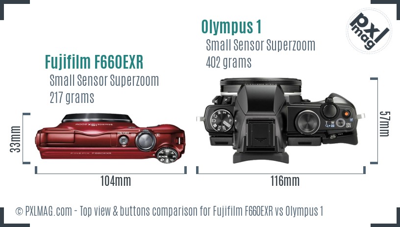 Fujifilm F660EXR vs Olympus 1 top view buttons comparison
