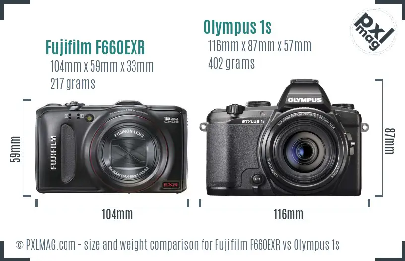 Fujifilm F660EXR vs Olympus 1s size comparison