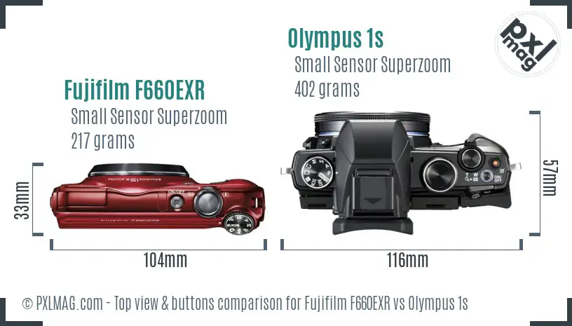 Fujifilm F660EXR vs Olympus 1s top view buttons comparison
