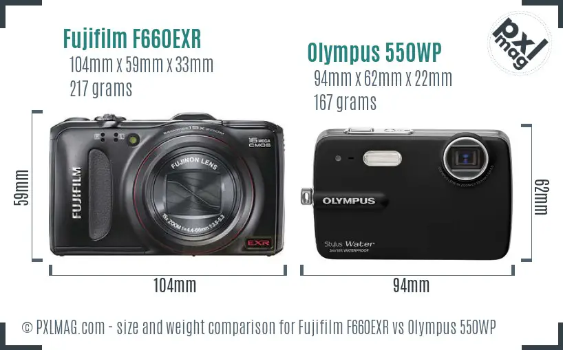 Fujifilm F660EXR vs Olympus 550WP size comparison