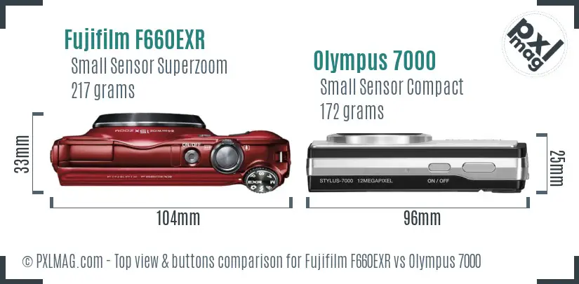Fujifilm F660EXR vs Olympus 7000 top view buttons comparison Fujifilm F660EXR vs Olympus 7000 top view buttons comparison