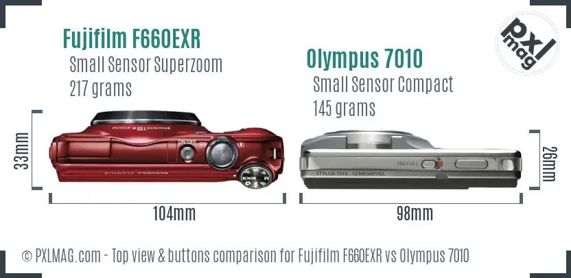 Fujifilm F660EXR vs Olympus 7010 top view buttons comparison Fujifilm F660EXR vs Olympus 7010 top view buttons comparison