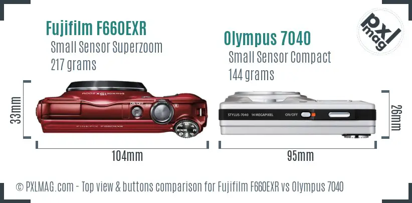 Fujifilm F660EXR vs Olympus 7040 top view buttons comparison Fujifilm F660EXR vs Olympus 7040 top view buttons comparison