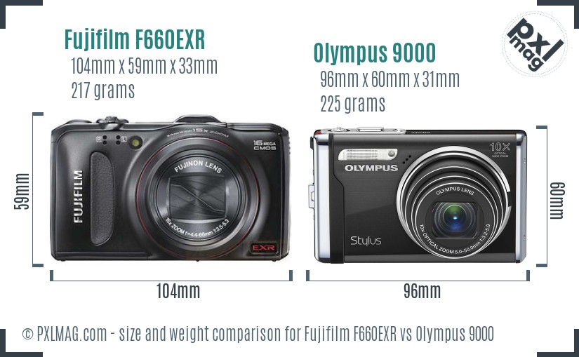 Fujifilm F660EXR vs Olympus 9000 size comparison
