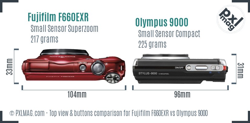 Fujifilm F660EXR vs Olympus 9000 top view buttons comparison