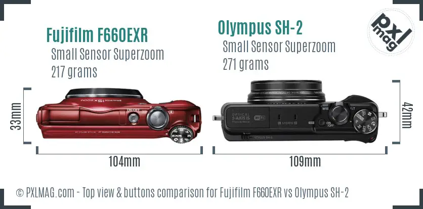 Fujifilm F660EXR vs Olympus SH-2 top view buttons comparison Fujifilm F660EXR vs Olympus SH-2 top view buttons comparison