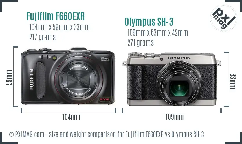 Fujifilm F660EXR vs Olympus SH-3 size comparison