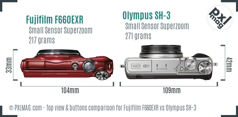 Fujifilm F660EXR vs Olympus SH-3 top view buttons comparison