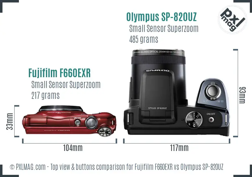 Fujifilm F660EXR vs Olympus SP-820UZ top view buttons comparison