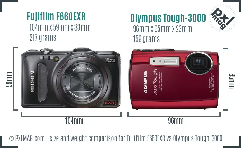 Fujifilm F660EXR vs Olympus Tough-3000 size comparison