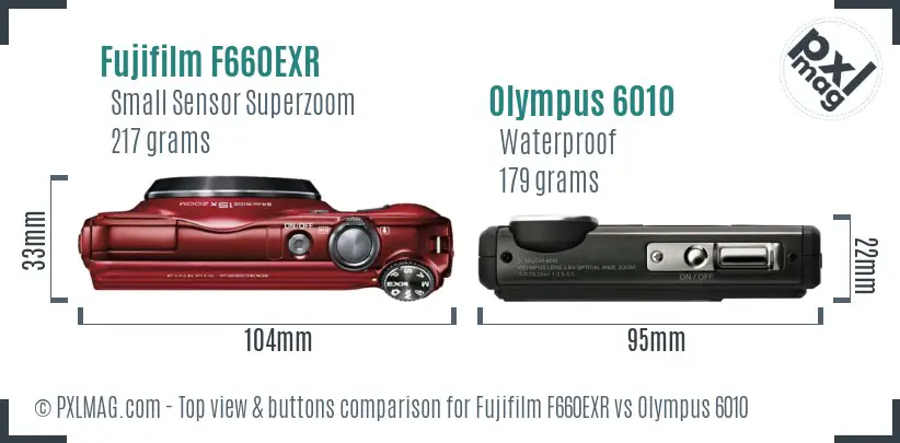 Fujifilm F660EXR vs Olympus 6010 top view buttons comparison