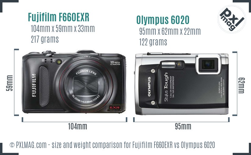Fujifilm F660EXR vs Olympus 6020 size comparison