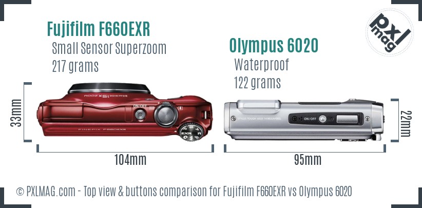 Fujifilm F660EXR vs Olympus 6020 top view buttons comparison
