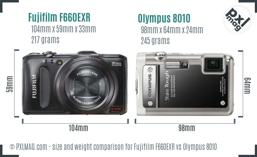 Fujifilm F660EXR vs Olympus 8010 size comparison
