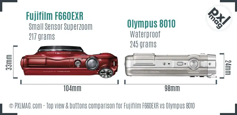Fujifilm F660EXR vs Olympus 8010 top view buttons comparison