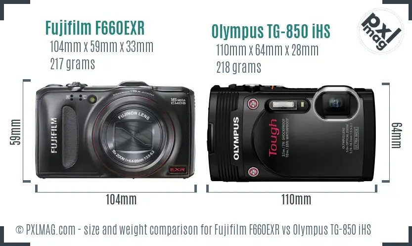 Fujifilm F660EXR vs Olympus TG-850 iHS size comparison Fujifilm F660EXR vs Olympus TG-850 iHS size comparison