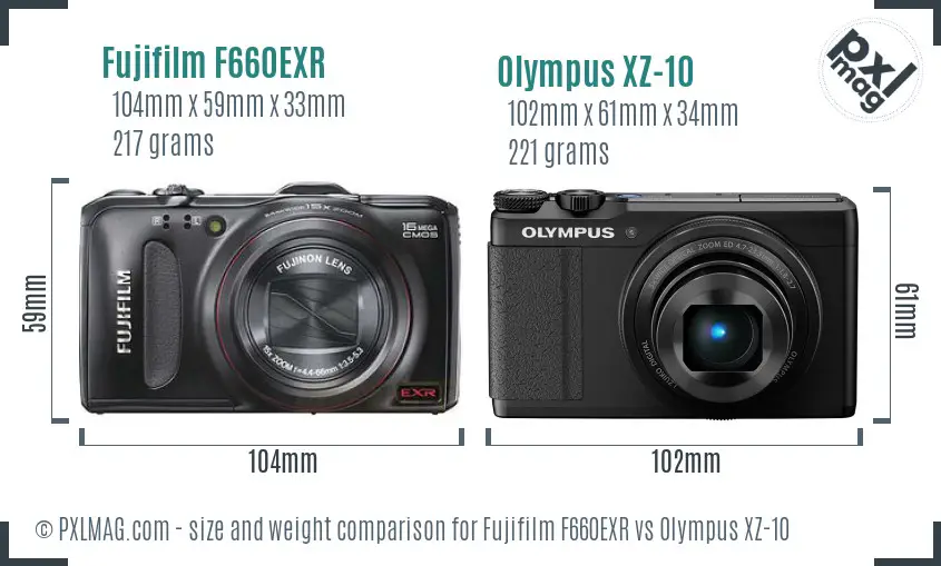 Fujifilm F660EXR vs Olympus XZ-10 size comparison