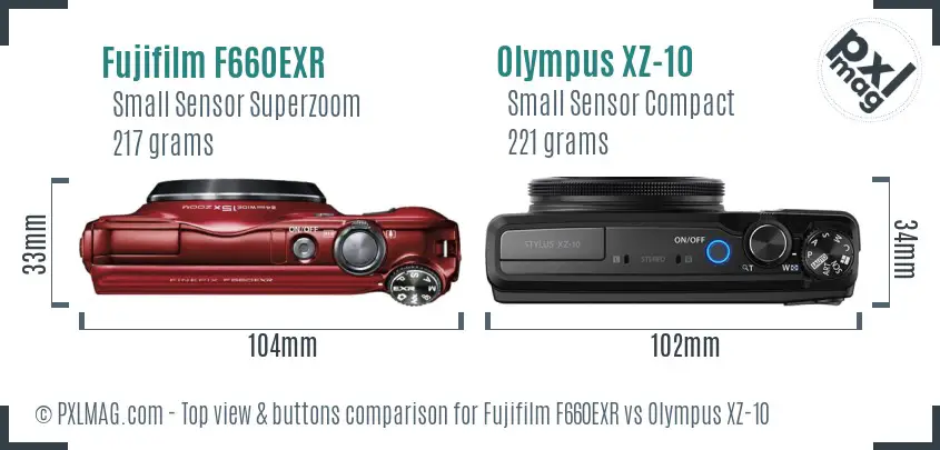 Fujifilm F660EXR vs Olympus XZ-10 top view buttons comparison