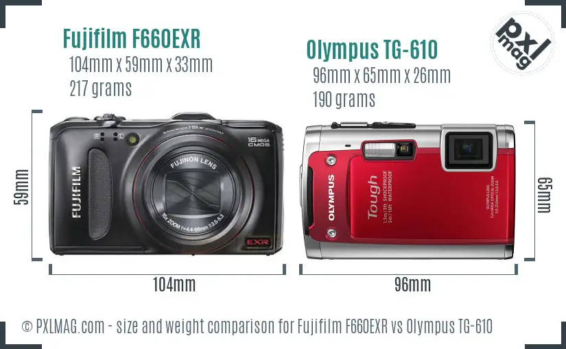 Fujifilm F660EXR vs Olympus TG-610 size comparison