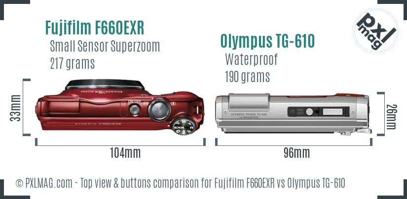 Fujifilm F660EXR vs Olympus TG-610 top view buttons comparison