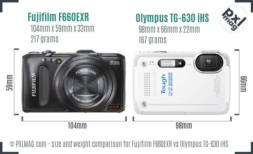 Fujifilm F660EXR vs Olympus TG-630 iHS size comparison