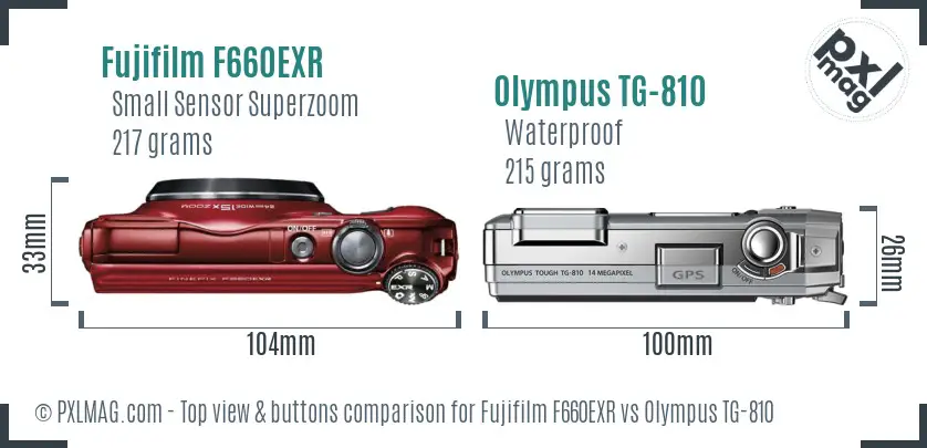 Fujifilm F660EXR vs Olympus TG-810 top view buttons comparison