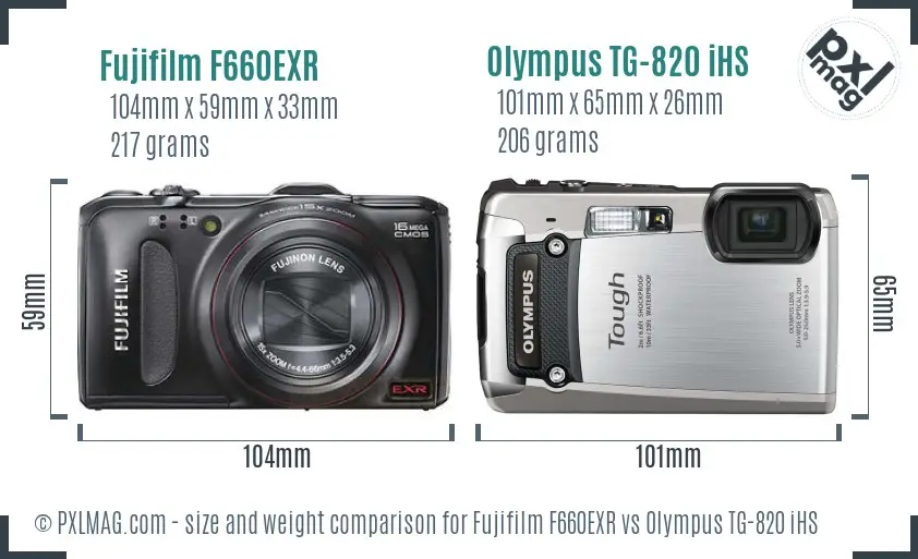 Fujifilm F660EXR vs Olympus TG-820 iHS size comparison