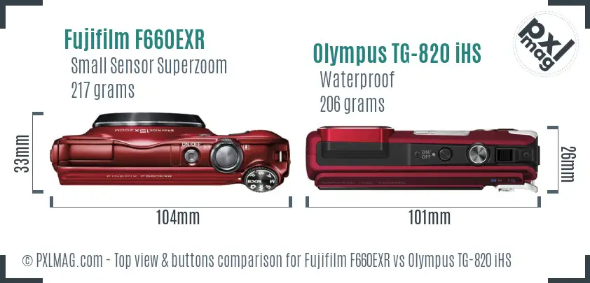 Fujifilm F660EXR vs Olympus TG-820 iHS top view buttons comparison