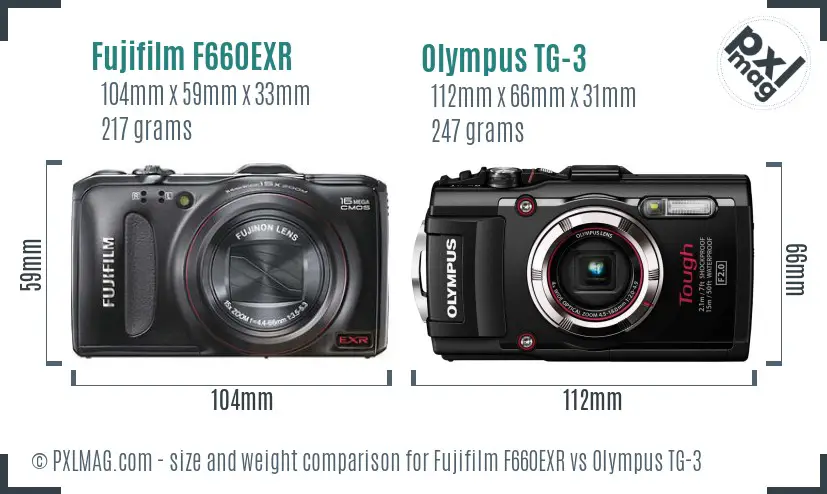 Fujifilm F660EXR vs Olympus TG-3 size comparison