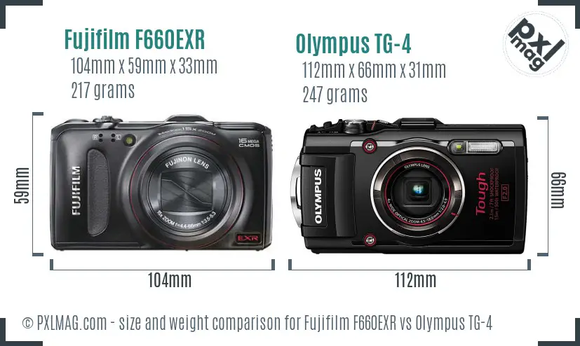 Fujifilm F660EXR vs Olympus TG-4 size comparison