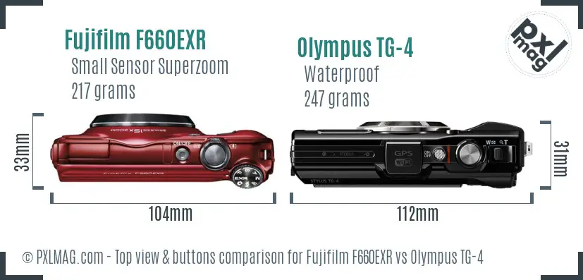 Fujifilm F660EXR vs Olympus TG-4 top view buttons comparison