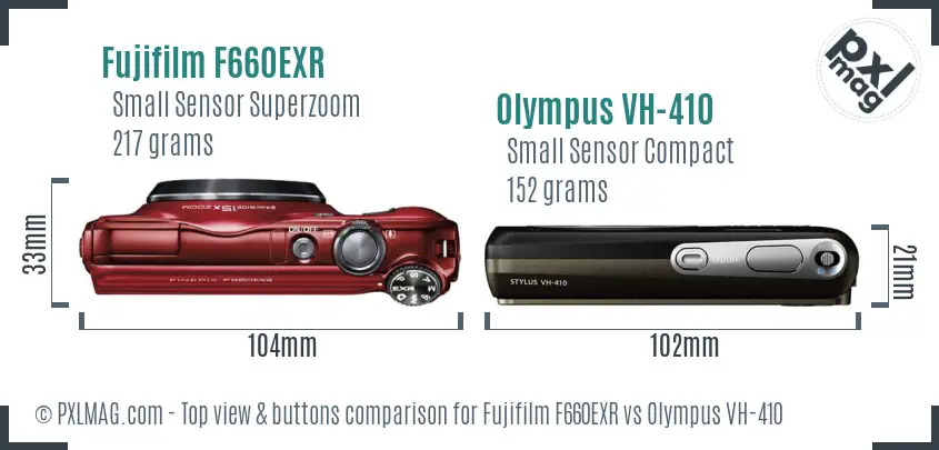 Fujifilm F660EXR vs Olympus VH-410 top view buttons comparison