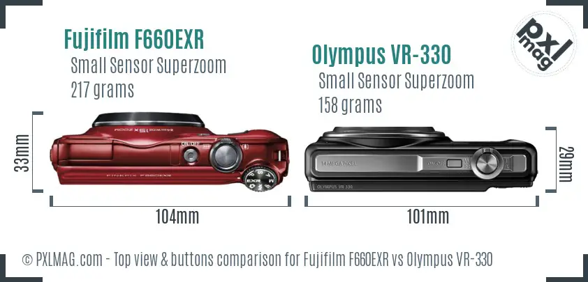 Fujifilm F660EXR vs Olympus VR-330 top view buttons comparison