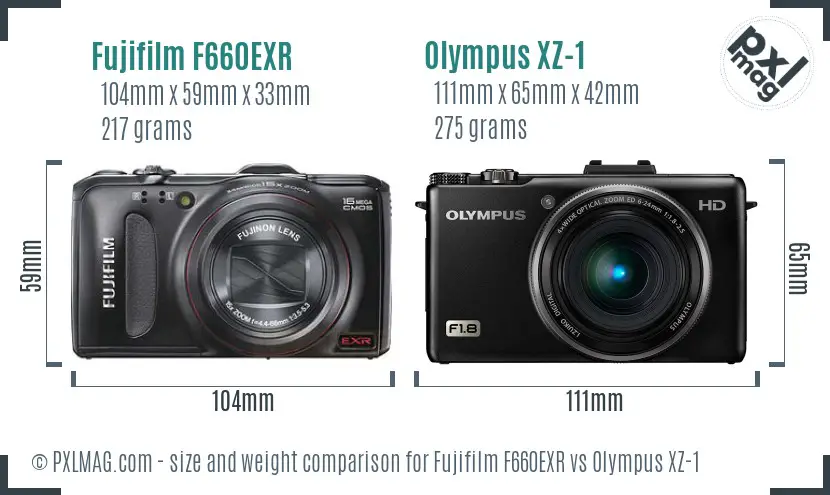 Fujifilm F660EXR vs Olympus XZ-1 size comparison