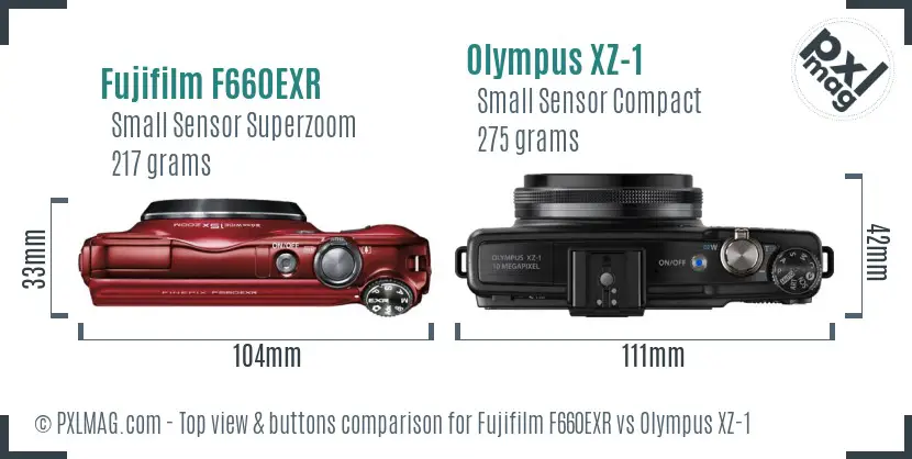Fujifilm F660EXR vs Olympus XZ-1 top view buttons comparison