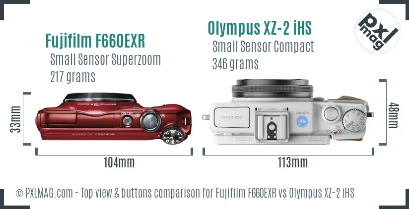 Fujifilm F660EXR vs Olympus XZ-2 iHS top view buttons comparison