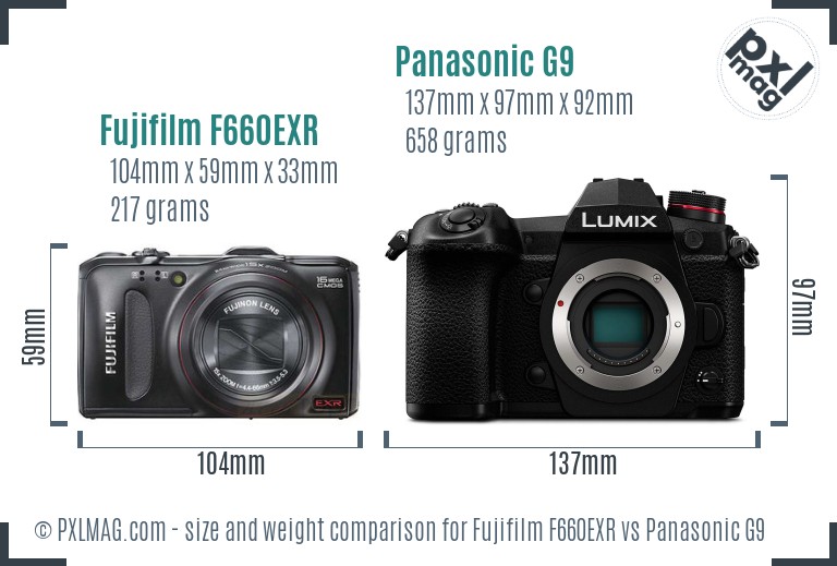 Fujifilm F660EXR vs Panasonic G9 size comparison