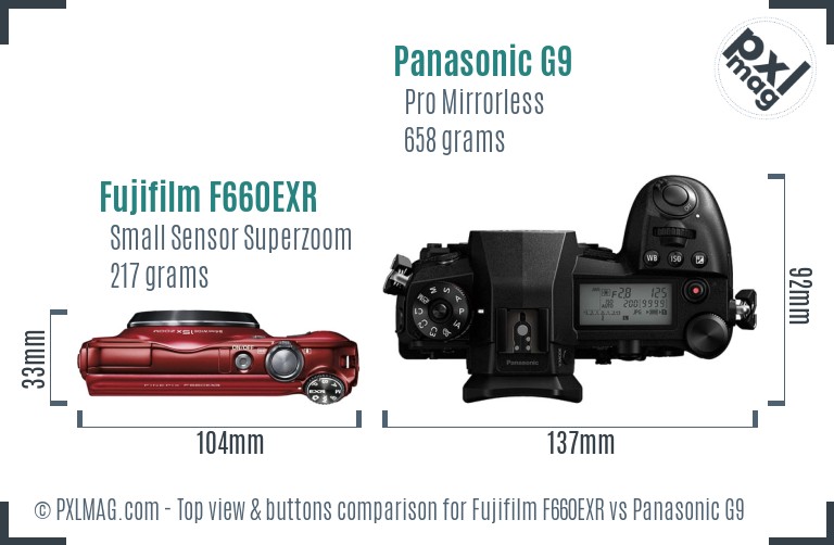 Fujifilm F660EXR vs Panasonic G9 top view buttons comparison