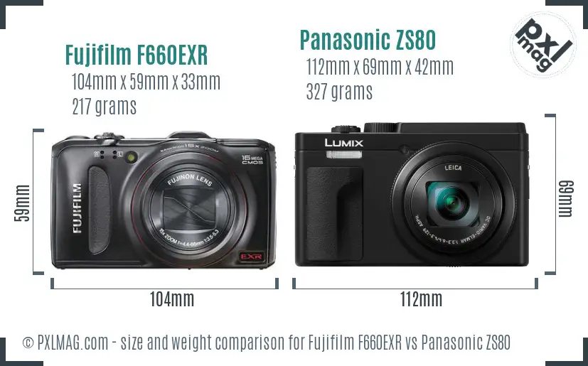 Fujifilm F660EXR vs Panasonic ZS80 size comparison