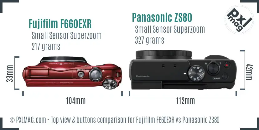 Fujifilm F660EXR vs Panasonic ZS80 top view buttons comparison