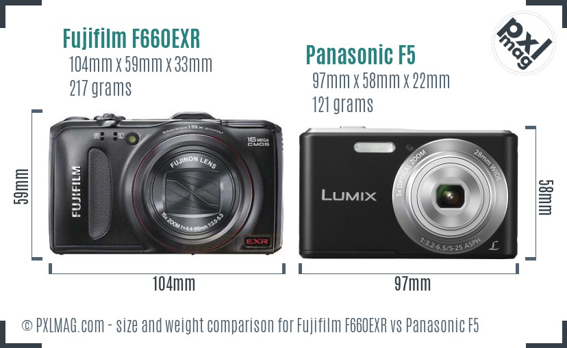 Fujifilm F660EXR vs Panasonic F5 size comparison