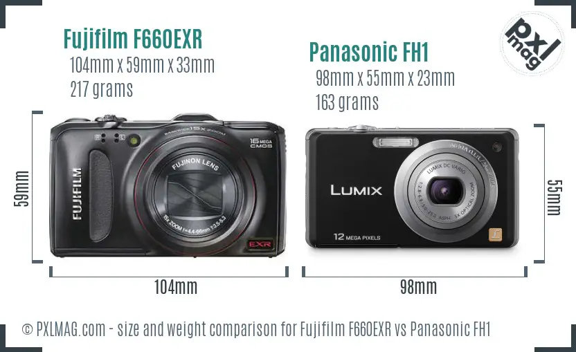Fujifilm F660EXR vs Panasonic FH1 size comparison