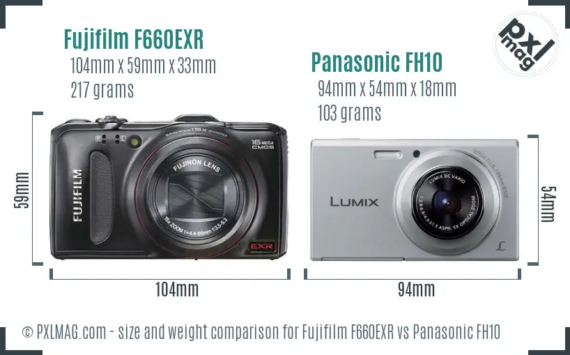 Fujifilm F660EXR vs Panasonic FH10 size comparison